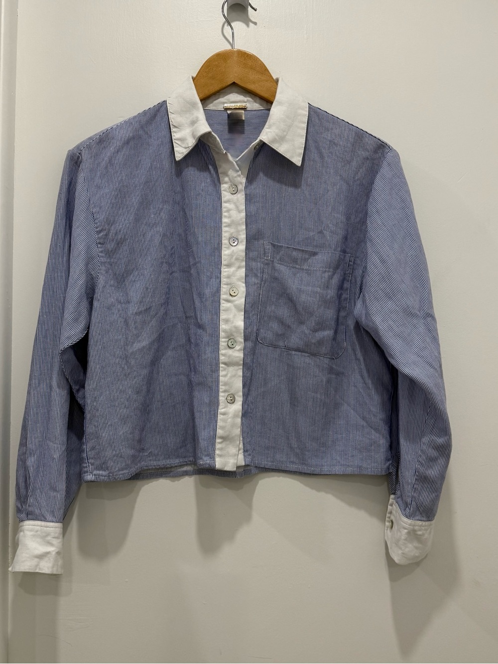 Magaschoni Linen Blend Cropped Top Blue White Stripe XS Button Front